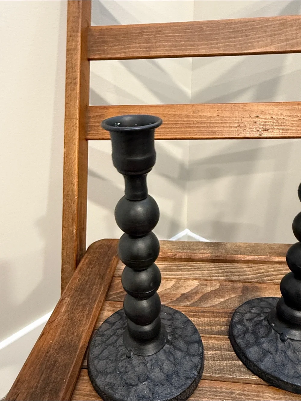 Pair Black Metal  Candlestick Holders Beaded Farmhouse Rustic Candle Holders